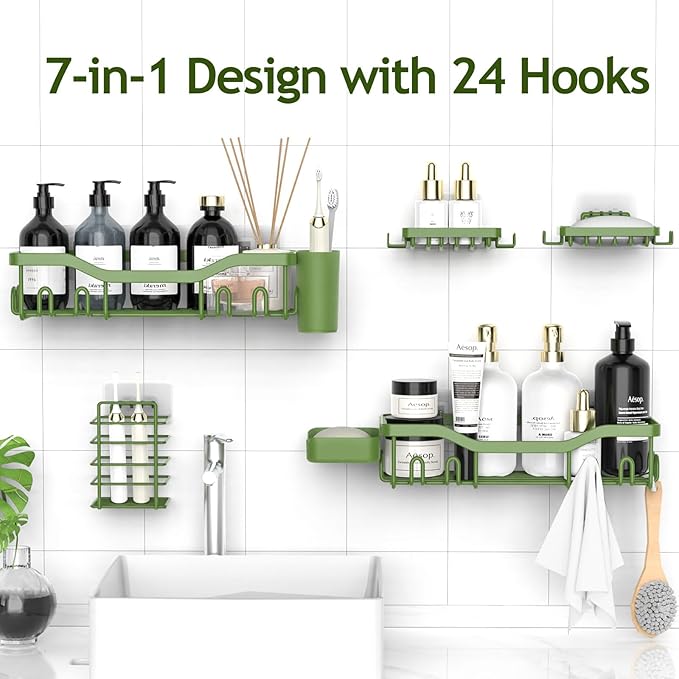 NESOMI Shower Caddy Adhesive Shower Organizer 7-Pack, Rustproof Stainless Steel Bathroom Shelves, Large Capacity No-Drill Rack Storage Accessories with Soap Dish Toothbrush Holder Hooks - Image 4