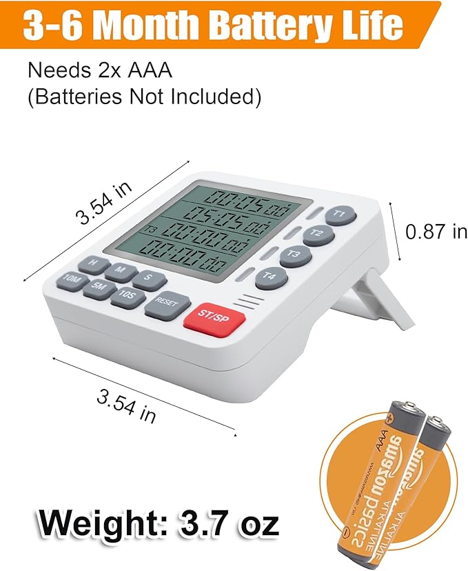 TPNEG Digital Kitchen Timer - 4-Channel Cooking Timer with Alarm, Magnetic Back, Loud & Silent Modes, Count Up/Down, Ideal for ovens, Seniors, Kids and classrooms, Replaceable AAA Battery - Image 4