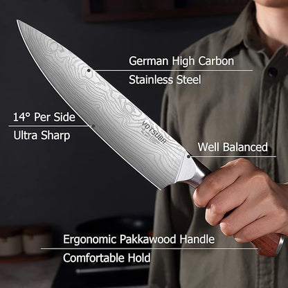 YOTSUBA 8 Inch Japanese Chef Knife, Ultra Sharp Professional Kitchen Knife, High Carbon Stainless Steel Knife with Ergonomic Wood Handle, Ideal for Home Cooking and Premium Gifting