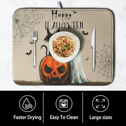 Happy Halloween Dish Drying Mat for Dishs 16x18 Inch Halloween Pumpkin Ghost Black Cat Kitchen Drying Mat Spooky Spiderweb Holiday Dish Drainer Mat Super Absorbent Dish Rack Pad for Coffee Bar Sinks - Image 4