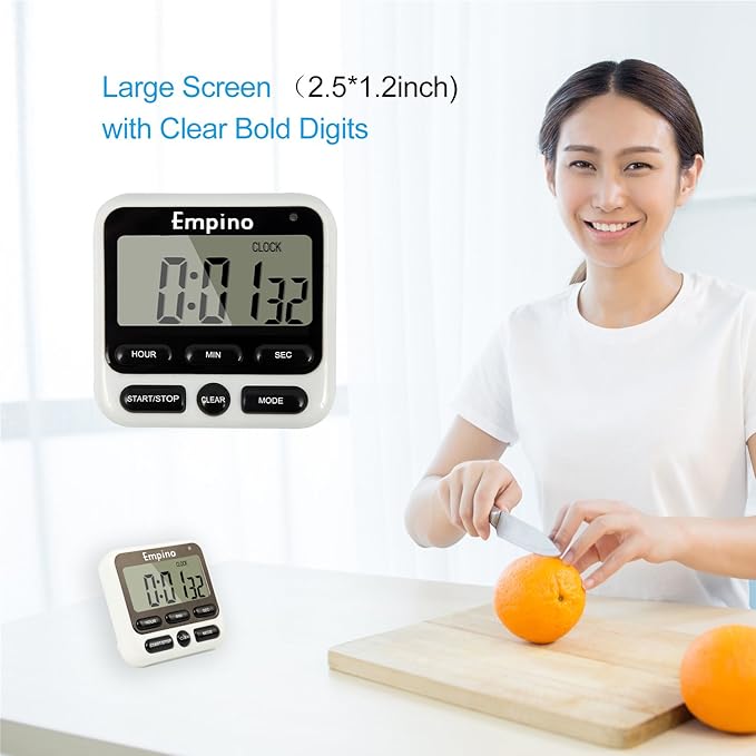 Digital Kitchen Timer - Empino Upgraded 24-Hours Cooking Timer Clock Countdown Multifunction with Big Digits, Loud Alarm, Magnetic Backing Stand, and Memory for Cooking Baking Exercise, White