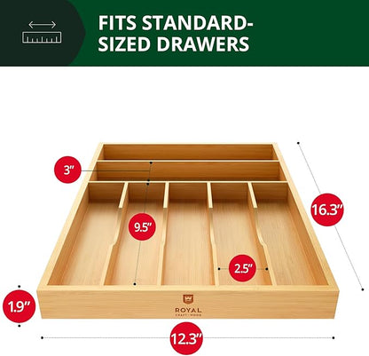 ROYAL CRAFT WOOD Luxury Bamboo Utensil Rack and Silverware Organizer, Kitchen Drawer Organizer - Utensil Holder and Cutlery Tray with Grooved Drawer Dividers for Flatware 7 Slot, Natural - Image 2