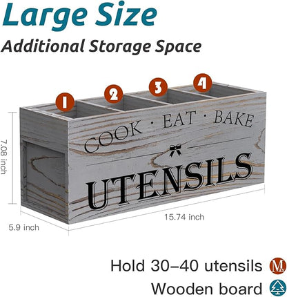 Suli Extra Large Kitchen Utensils Holder with 4 Compartments, Wooden Utensil Organizer for Kitchen Countertop, Farmhouse Decor, Rustic Cooking Utensil - Grey grain - Image 2