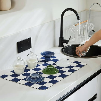 Ohocut Checkered Dish Drying Mat for Kitchen Counter, Coffee Bar Station Accessories, Retro Cute Aesthetic Modern Absorbent Drainer Mat Kitchen Drying Mat Easy Clean (Navy Blue, 19" x 12") - Image 2