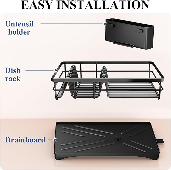 SNTD Dish Drying Rack for Kitchen Counter - Large Dish Rack with Drainboard, Rustproof Dish Drainer with Utensil Holder for Sink, Black - Image 7