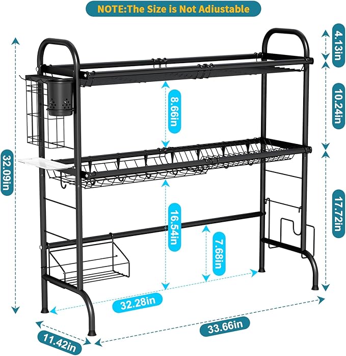 HOWDIA 3-Tier Over The Sink Dish Drying Rack,Stainless Steel Dish Rack with Cutlery Holder & Chopping Board Rack, 33.9” x 11.4” x 32.3” for Maximum Kitchen Storage（Black） - Image 4