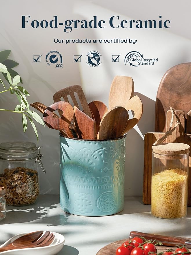 DOWAN 7.2" Kitchen Utensil Holder, Extra Large Farmhouse Utensil Holders for Countertop, Ceramic Utensil Crock, Anti Slip Cork Bottom - Image 2