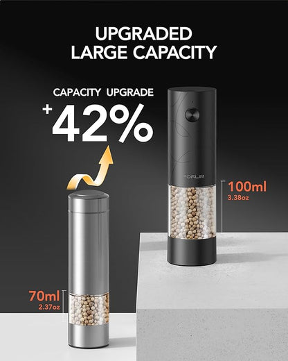FORLIM Electric Salt and Pepper Grinder Set, USB Rechargeable, Automatic Salt Pepper Mill Grinder with Dust Cover, One-Button Control, Adjustable Coarseness, White LED Light (2 Packs, Black) - Image 7