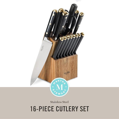 Martha Stewart 16-Piece Lockton High Carbon Stainless Steel Knife Block Set - Forged Full Tang Chef Knives, Acacia Wood Block, Triple Riveted Handles, Black & Gold - Image 2