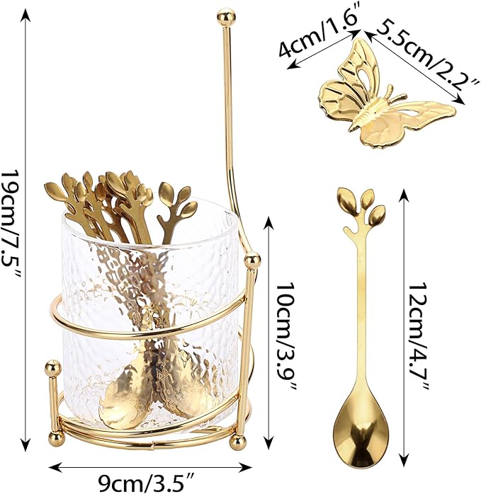 ELLDOO Coffee Spoon Set, Clear Glass Holder with 8 Stainless Steel Gold Leaf Coffee Spoons, Creative Flatware Set for Stirring, Mixing, Sugar, Ice Cream, Cake (8 x Spoons) - Image 2