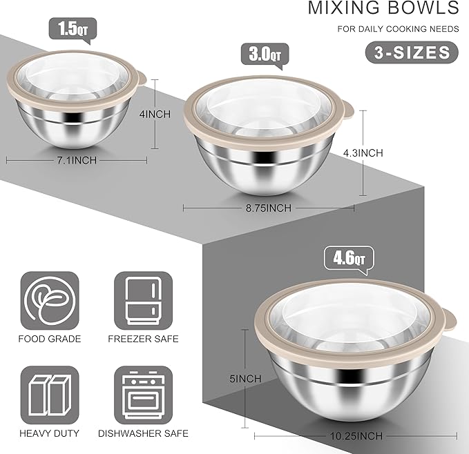 HaWare Mixing Bowls with Airtight Clear Lids, 6-Piece Stainless Steel Strong Nesting Bowls Set, Metal Salad Bowl for Cooking, Prepping, Baking, Serving & Food Storage, Size 4.6, 3, 1.5QT, Khaki - Image 2