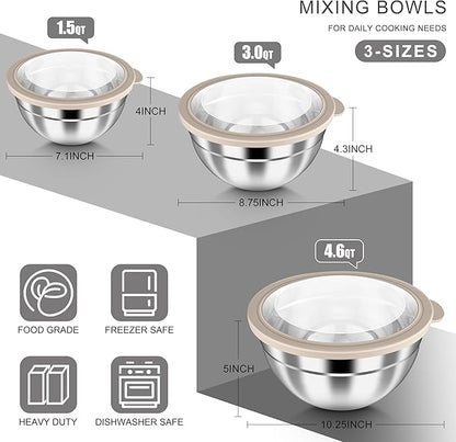 HaWare Mixing Bowls with Airtight Clear Lids, 6-Piece Stainless Steel Strong Nesting Bowls Set, Metal Salad Bowl for Cooking, Prepping, Baking, Serving & Food Storage, Size 4.6, 3, 1.5QT, Khaki - Image 2