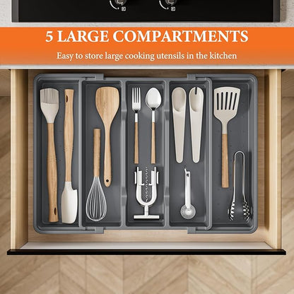 Silverware Organizer, Expandable Utensil Drawer Organizer for Kitchen Drawers, Kitchen Drawer Organizer for Spoons/Forks/Knives, Multipurpose & BPA Free Cutlery Tray, Grey, 1 Pack