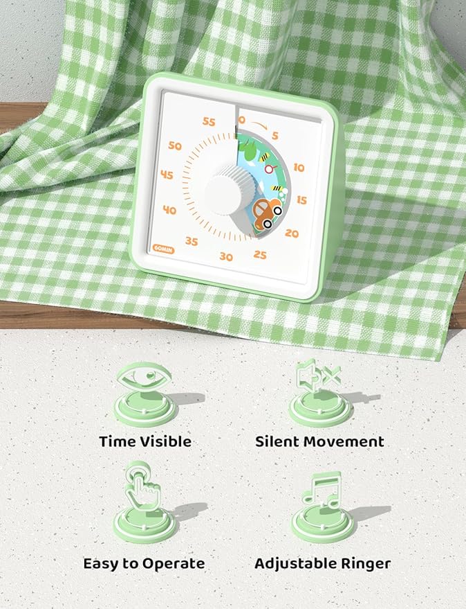 LIORQUE 60 Minute Visual Timer for Kids, Visual Countdown Timer for Classroom Office Kitchen with 'Car' Pattern Design, Pomodoro Timer with Silent Operation (Batteries Included) - Image 4