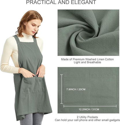 ELEZAY Aprons for Women with Pockets Plus Size Comfort Cross Back No Tie Cotton Linen Apron Pinafore
