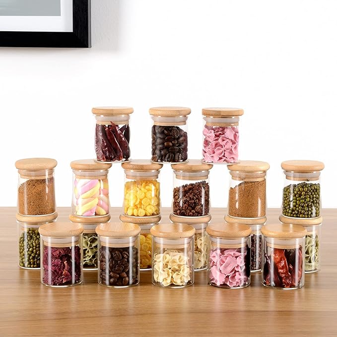 20 Pcs Glass Spice Jars with Airtight Bamboo Lids, Labels and Pen, 2.5oz Mini Clear Food Storage Containers for the Pantry, Kitchen Canisters for Tea, Herbs, Sugar, Salt, Coffee and More - Image 2