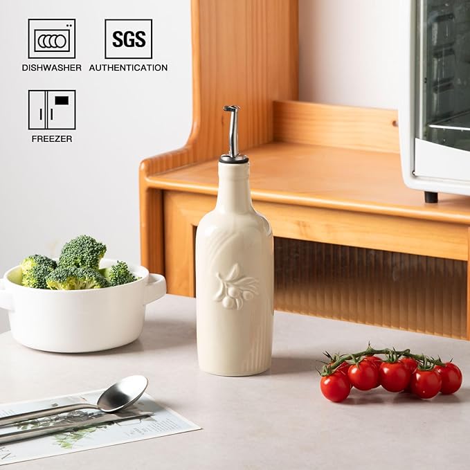 Sweejar Ceramic Olive Oil Dispenser Bottle, 17 FLOZ Oil Bottle with Spout，Porcelain Oil Dispenser for Kitchen,Cooking, Evoo, Vinegar, Soy Sauce, Pack of 1 (Beige) - Image 2