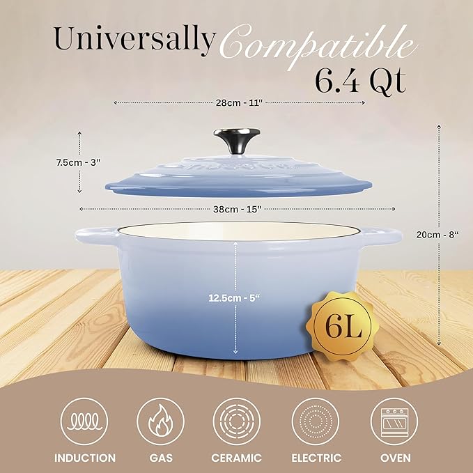 Nuovva Enamelled Cast Iron Dutch Oven Pot with Lid 6.4 Quart Non Stick Casserole Pot – Heavy Duty & Oven Safe up to 500° F for Bread Baking, Braising, Stews, Roasting – 28cm Costal Blue - Image 2