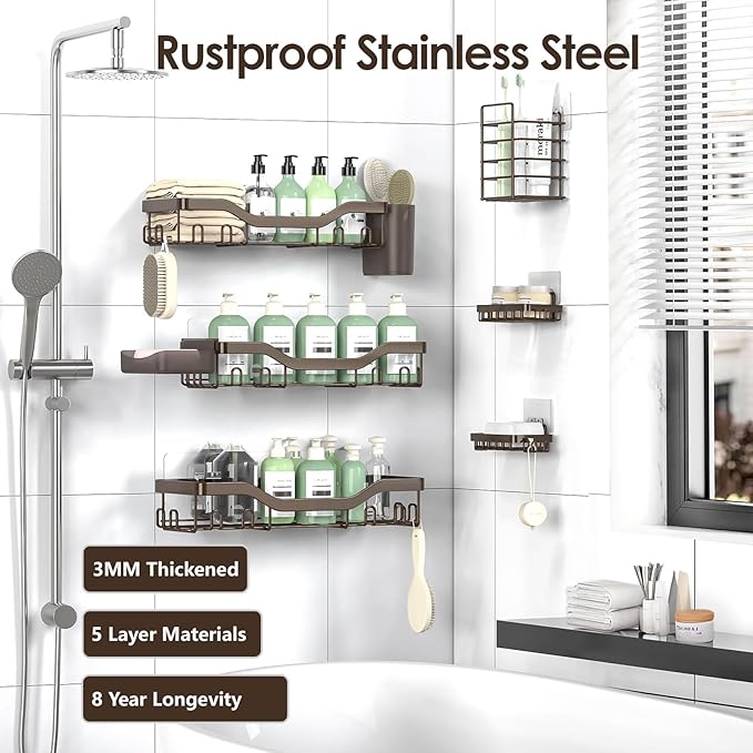 NESOMI Shower Caddy Adhesive Shower Organizer 8-Pack, Rustproof Stainless Steel Bathroom Shelves, Large Capacity No-Drill Rack Storage Accessories with Soap Dish Toothbrush Holder Hooks - Image 5