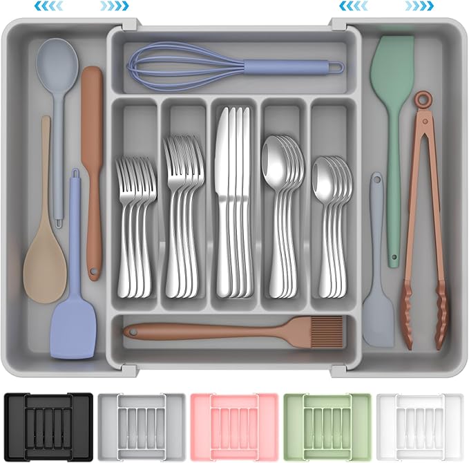 ukeetap Extra Large Expandable Silverware Organizer, BPA-Free Food-Safe Cutlery Flatware Organizer, Kitchen Utensil Drawer Organizer, Adjustable Silverware Holder for Spoons Forks Knives, Gray by ukeetap