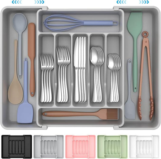 ukeetap Extra Large Expandable Silverware Organizer, BPA-Free Food-Safe Cutlery Flatware Organizer, Kitchen Utensil Drawer Organizer, Adjustable Silverware Holder for Spoons Forks Knives, Gray by ukeetap