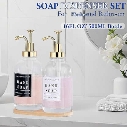 Glass Soap Dispenser with Pump,Tray,Funnel, Countertop Soap and Lotion Dispenser Set of 2 with 60 Stickers, Dish and Hand Soap Dispenser Bottle for Kitchen,Bathroom,Shower,500ml/16.9oz