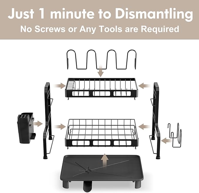 BOOSINY Dish Drying Rack, 2 Tier Large Stainless Steel Black Dish Rack with Drainboard Set for Kitchen Counter, Space Saving Plates Drainer Rack with Cups Holder & Utensil Holder, Dish Strainer Holder - Image 6