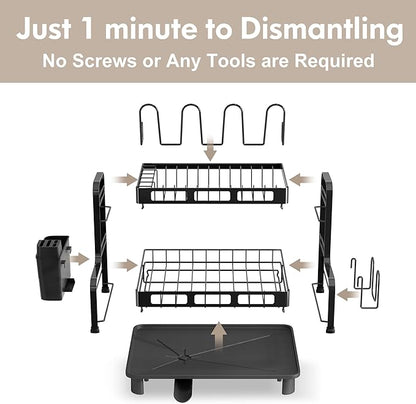 BOOSINY Dish Drying Rack, 2 Tier Large Stainless Steel Black Dish Rack with Drainboard Set for Kitchen Counter, Space Saving Plates Drainer Rack with Cups Holder & Utensil Holder, Dish Strainer Holder - Image 6