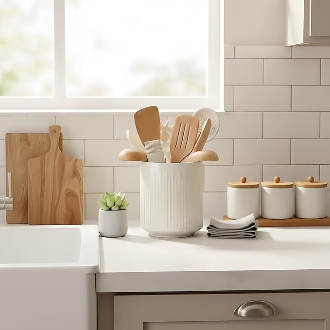 JIEMEI HOME Kitchen Utensil Holder, 7.2" Large Ceramic Stable Utensil Crock for Countertop, Utensil Organizer with Cork Mat, Removable Bamboo Divider for Easy, Kitchen Decor, Aged Ivory Speckle - Image 7