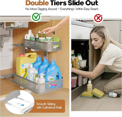 2 Pack 15.7IN-Depth Under Sink Organizer With Smooth Cylindrical Rail,2-Tier Pull Out Multi-Purpose Cabinet Storage for Bathroom&Kitchen,Height Adjustable,Rust-resistant Coating-Gun Gray