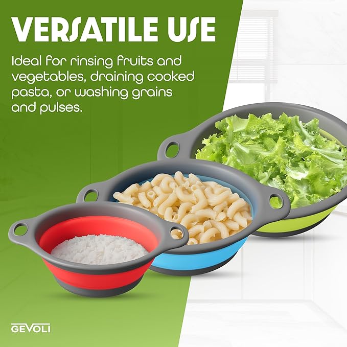 Gevoli Collapsible Colanders with Self-Draining Base for Edge of Sink, Food Strainers (Small/Med/Large), Nested Design for Easy Storage (Red, Blue, Green) (4PC Set) - Image 8