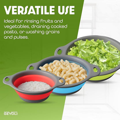 Gevoli Collapsible Colanders with Self-Draining Base for Edge of Sink, Food Strainers (Small/Med/Large), Nested Design for Easy Storage (Red, Blue, Green) (4PC Set) - Image 8