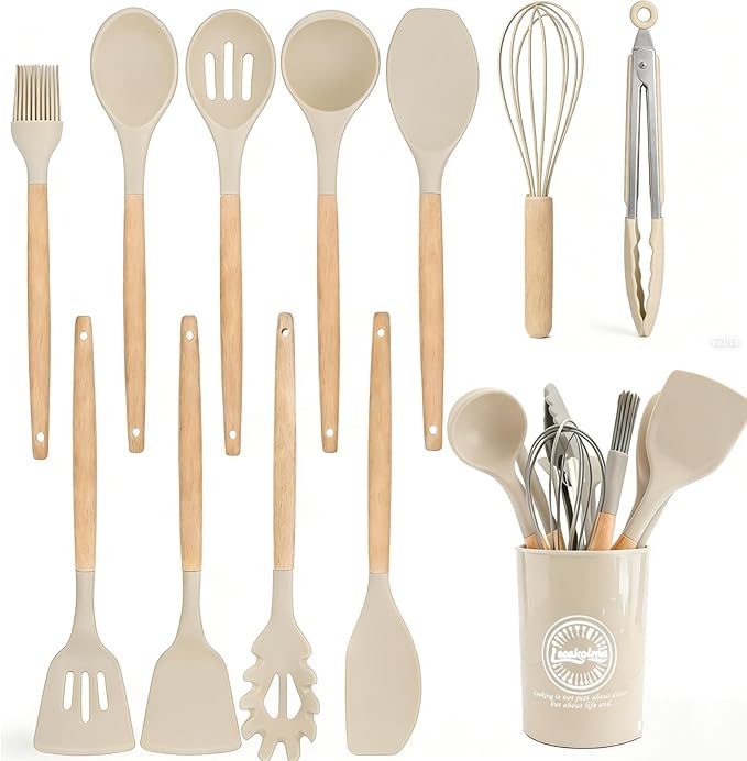 Silicone Cooking Utensil Set,12 PCS Cooking Kitchen Utensils Set, Nonstick Kitchen Utensils 446°F Heat-Resistant Cookware Kitchen Tools of Spoon,Brush,Whisk,Spatula,Turner Tongs (Khaki) by Unknown