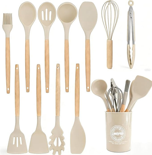 Silicone Cooking Utensil Set,12 PCS Cooking Kitchen Utensils Set, Nonstick Kitchen Utensils 446°F Heat-Resistant Cookware Kitchen Tools of Spoon,Brush,Whisk,Spatula,Turner Tongs (Khaki) by Unknown