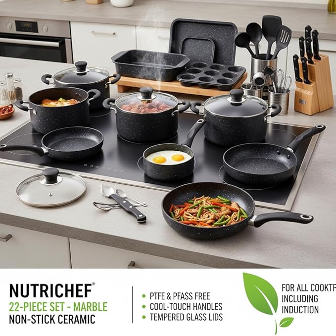 NutriChef 22‑Piece Non‑Stick Ceramic Pots and Pans Set – For All Cooktops Including Induction – PTFE & PFAS Free, Includes Bakeware & Utensils - Image 5