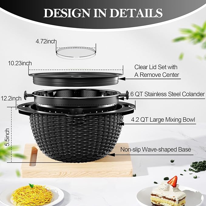 4-1 Colander with Bowl Set - Colander for Kitchen - Rotatable Strainers and Colanders(Patented) - Pasta Strainer - Bowl With Colander & New Upgraded Graters for Fruit Veggie, Kitchen Essentials, Black - Image 8