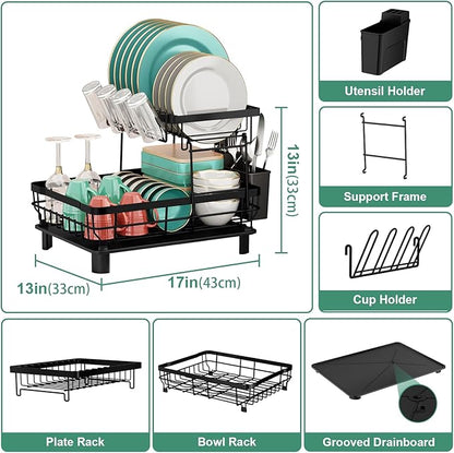 MOUKABAL Dish Drying Rack, Dish Rack, Stainless Steel Dish Racks for Kitchen Counter, Dish Drainer with Removable Utensil Holder, Drainboard (Black,2 Tier,13''W x 17''L) - Image 4