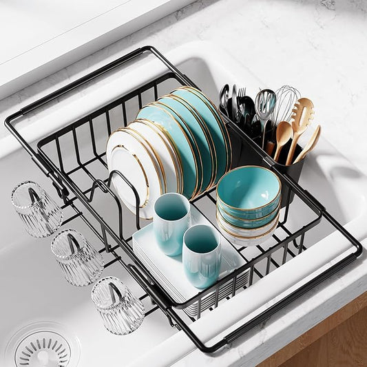 Sakugi Dish Drying Rack in Sink - Expandable Stainless Steel Dish Rack Over the Sink, Kitchen Sink Drain Strainer with Cutlery Holder & Cup Holders, 15.4 x 9.8 x 3.0 Inch, Black by Sakugi