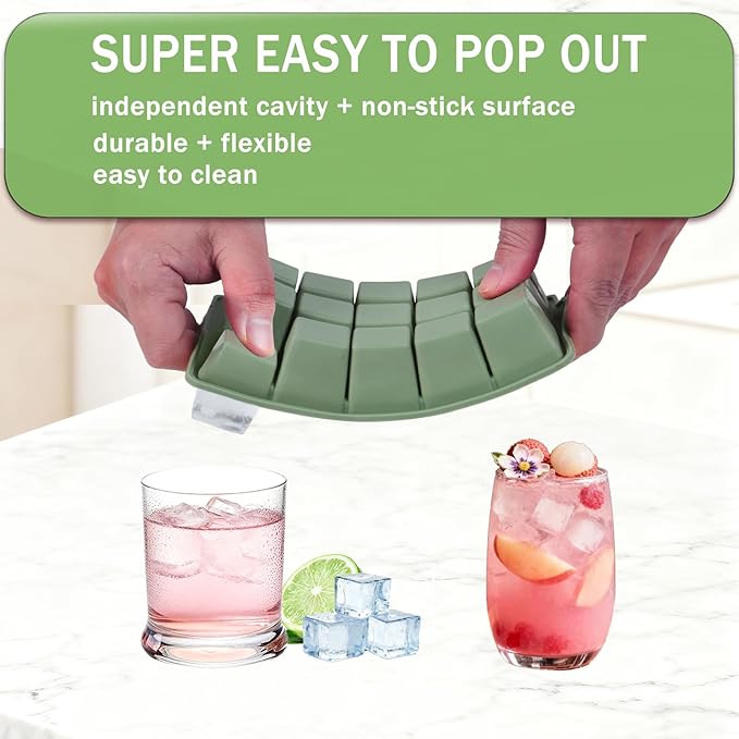 Ice Cube Trays for Freezer, 2 Pack Easy Release Slicone Ice Cube Tray with Lid, BPA Free Stackable Flexible Ice Molds 15 Square Reusable Ice Cubes for Whiskey, Baby Food, Iced Coffee (Green) - Image 3