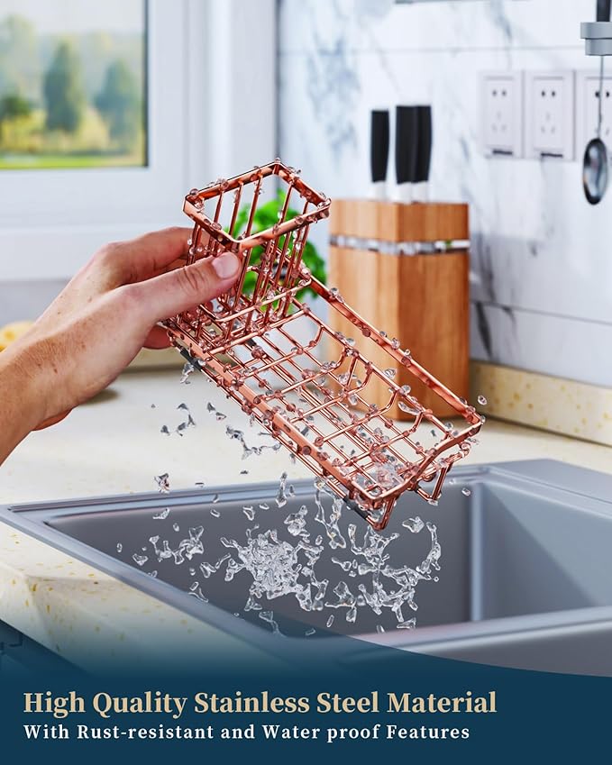 Consumest Sponge Holder for Kitchen Sink - Sink Caddy Kitchen Organizer with Removable Drip Tray for Countertop Dish Soap Dispenser Brush Storage Accessories 304 Stainless Steel, Rose Gold - Image 5