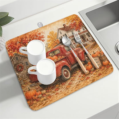 Fall Pumpkin Dish Drying Mat for Kitchen Counter Thanksgiving Autumn Harvest Pattern Microfiber Dish Drainer Mat Vintage Rustic Farmhouse Absorbent Washable Drying Pad 16"x18"