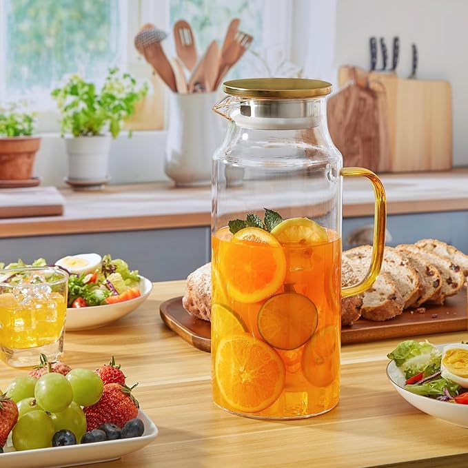 2 Liter 68 oz Glass Pitcher with Lid and Handle, Gold Glass Carafe for Fridge, Water Pitcher for Hot/Cold Water, Large Jug for Iced Tea, Coffee, Juice and Homemade Beverage