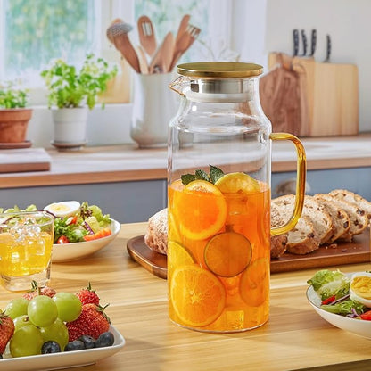 2 Liter 68 oz Glass Pitcher with Lid and Handle, Gold Glass Carafe for Fridge, Water Pitcher for Hot/Cold Water, Large Jug for Iced Tea, Coffee, Juice and Homemade Beverage