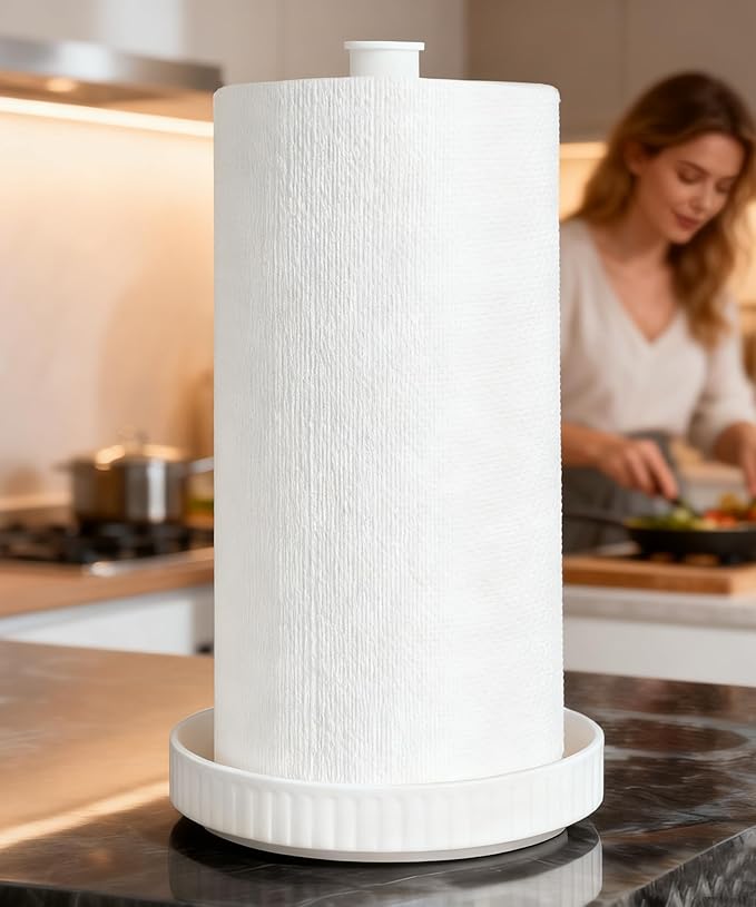 VROOMIUM Paper Towel Holder, Ceramic Base Water & Oil Resistant, Fits Double and Family Size Rolls, Stable and Easy to Clean Kitchen Roll Stand- Chic White