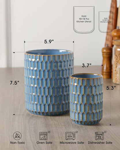 Utensil Holder, 7.5"+5.3" Ceramic Kitchen Utensil Holder for Countertop, Large Cooking Utensil Crock for Kitchen Counter, Set of 2, Blue - Image 3