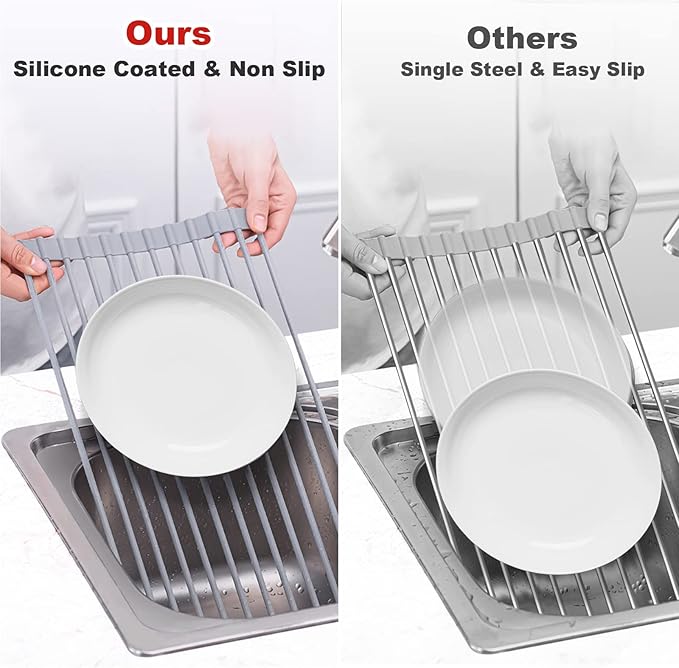 MERRYBOX Roll Up Dish Drying Rack, Over The Sink Dish Rack Foldable, Heat-Resistant, Anti-Slip Silicone Coated Steel Dish Drainer for Kitchen Sink, Multipurpose Roll Up Sink Drying Rack, 17.5" x 13" - Image 6