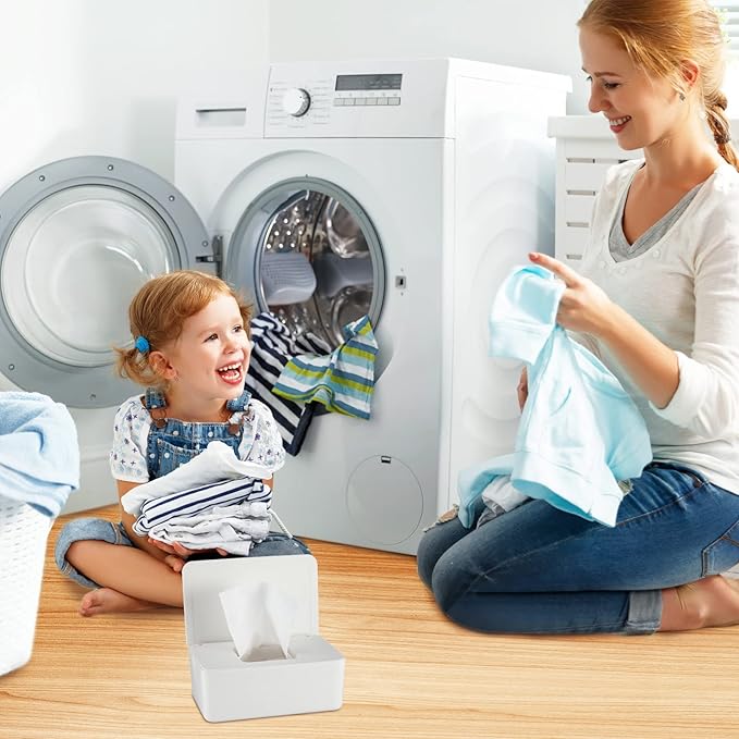 Newtay Dryer Sheet Holder with Hinged Lid,Plastic Dryer Sheet Dispenser Container Storage Box Fabric Softener Sheets Holder for Laundry Room Decor(White)