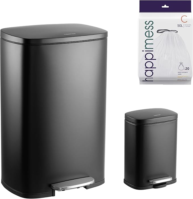 happimess HPM1006B Connor Rectangular 13-Gallon Trash Can with Soft-Close Lid and Free Mini Trash Can, Fingerprint Resistant, Modern, Minimalistic for Home, Kitchen, Office, Bathroom, Black by Happimess