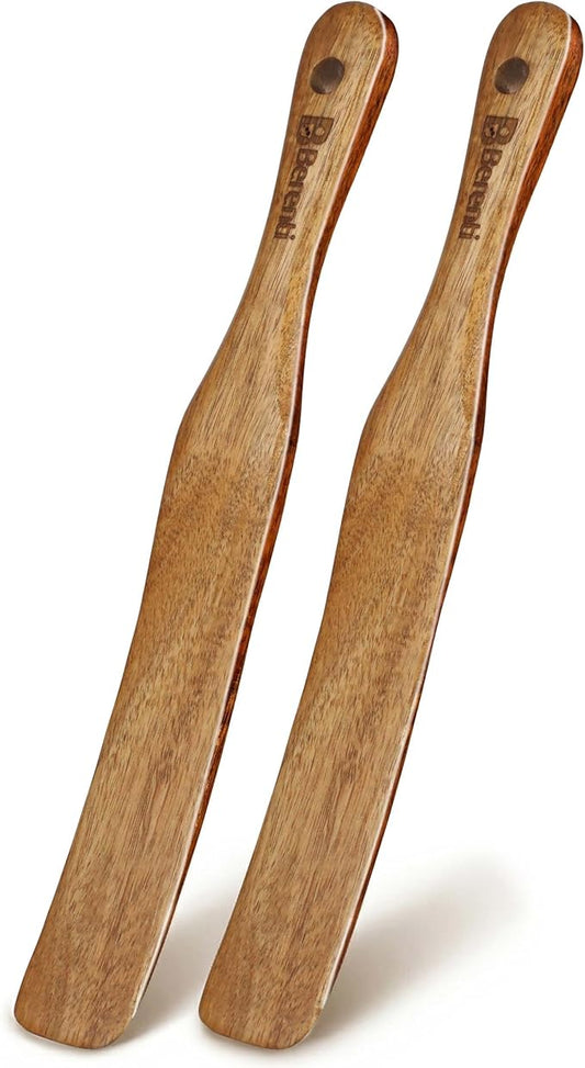 2Pcs Wooden Skinny Spurtle Set for Jars, Premium Natural Acacia Wood Tool for Stirring, Mixing, Serving, Jam, Cheese, Cream and Peanut Butter