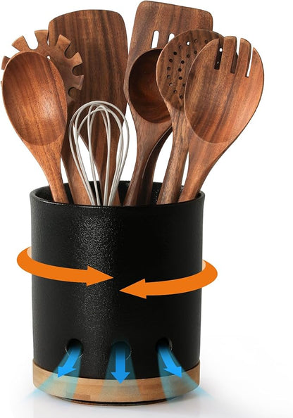 LoeJan 360° Rotating Ceramic Utensil Holder for Kitchen Countertop – Cooking Utensil Crock Organizer with Non-Slip Cork Base for Farmhouse Kitchen Decor, Textured Black by LoeJan